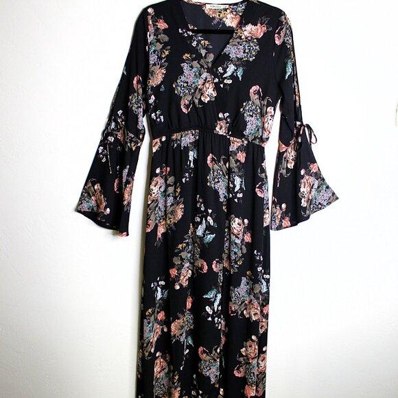 Rokoko by Dazz Medium Black Floral Maxi Dress Long Sleeve - Picture 1 of 5